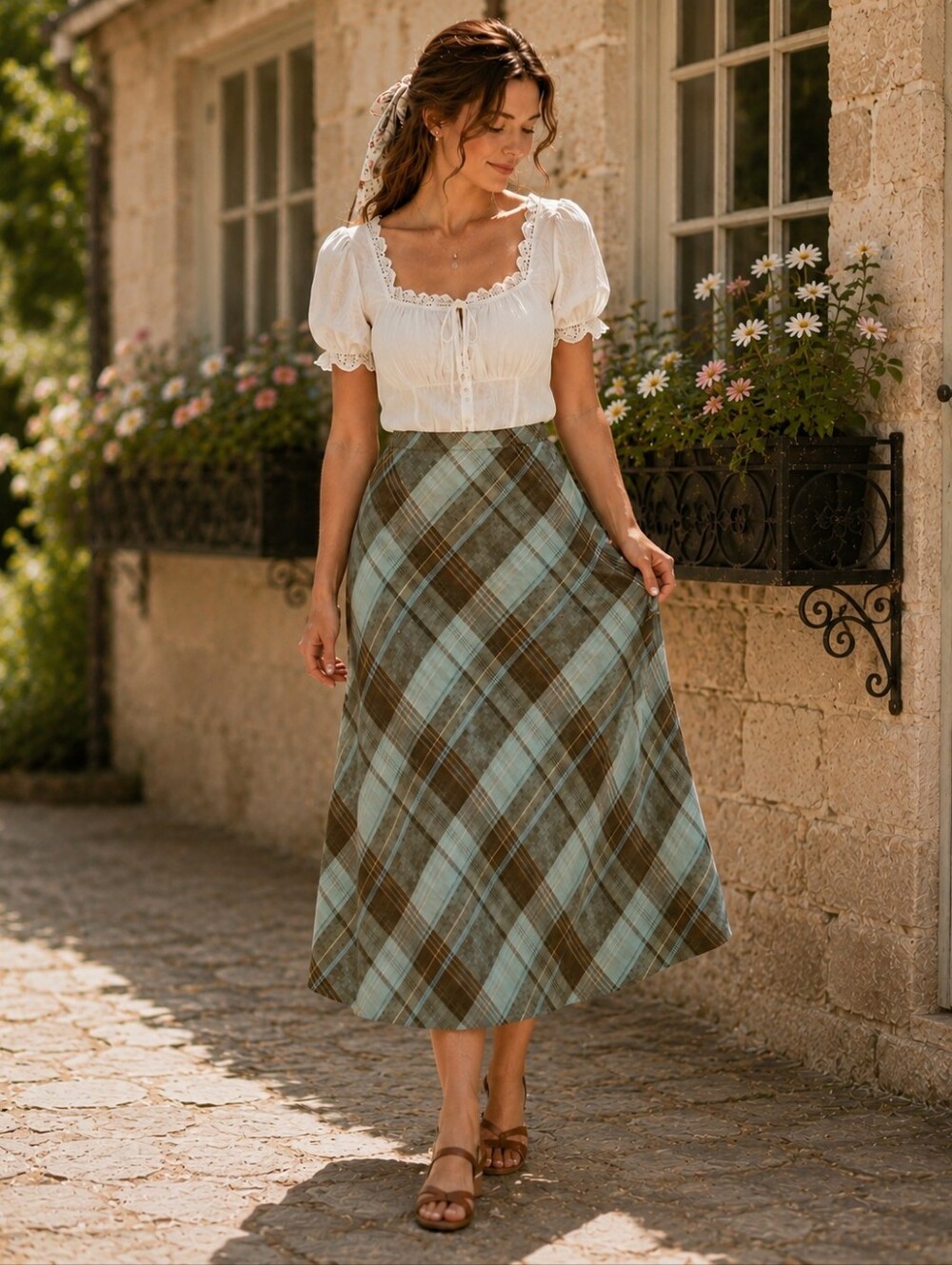 Vintage Eddie Bauer Blue Linen Plaid Midi Skirt Cottagecore Academia Coastal S
